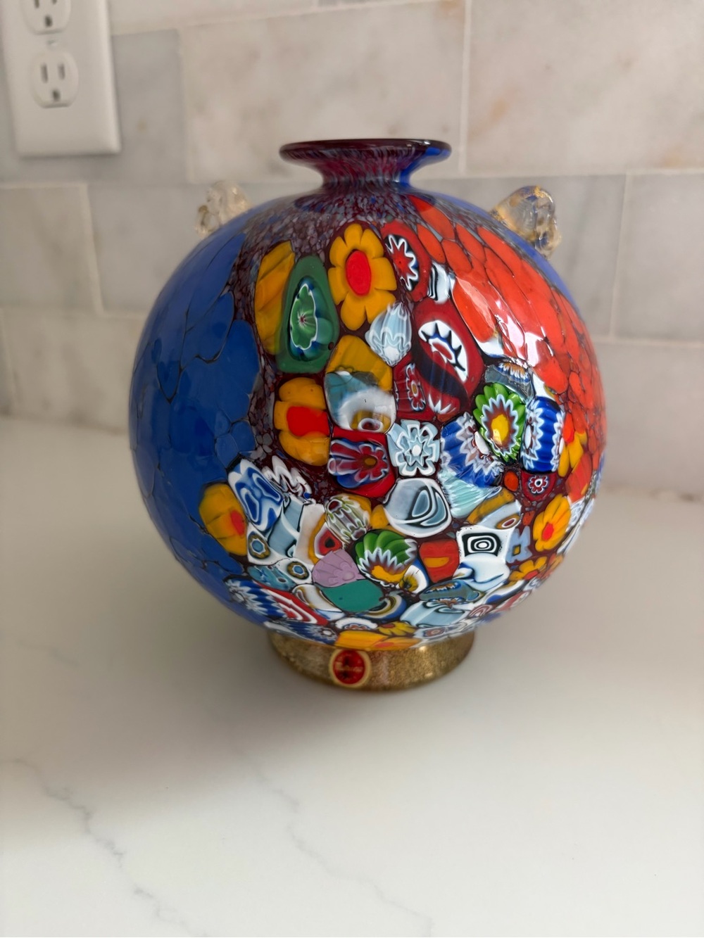 Murano Glass Millefiori Vase with handles, vibrant, multi-colored 
Vintage.